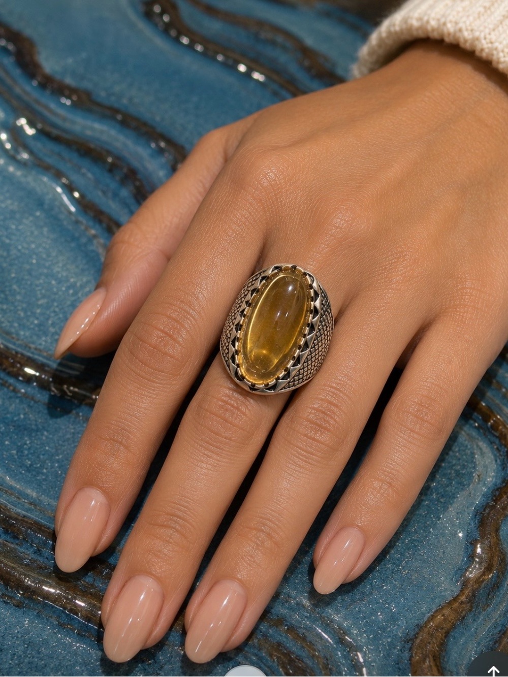✨ Golden Honey Stone Statement Ring | Boho Silver Tone | Large Oval Cabochon